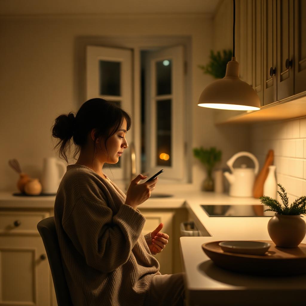 Member messaging a provider late at night from a warm kitchen