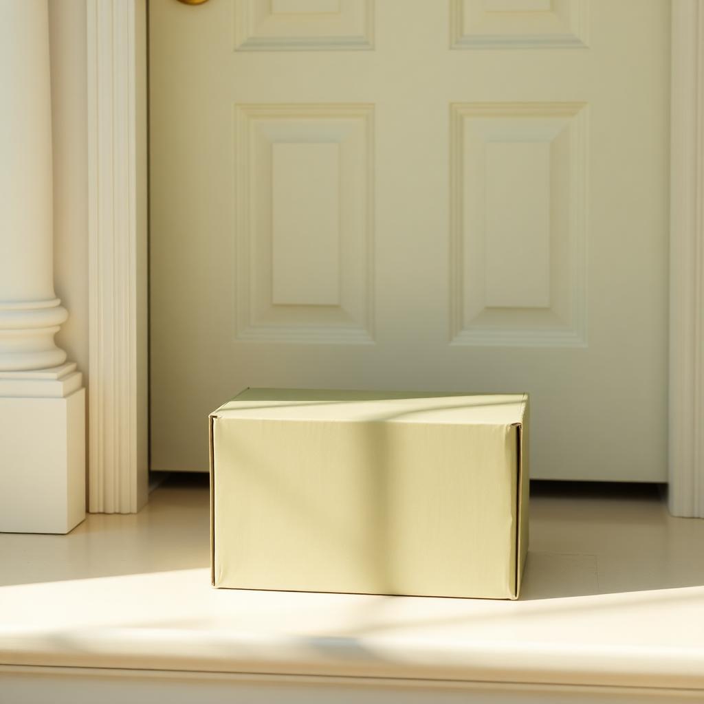 Discreet sage shipping box on a cream doorstep