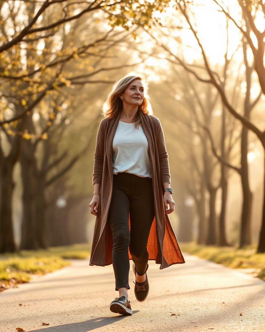 Warm lifestyle photo of a member walking outdoors in morning light
